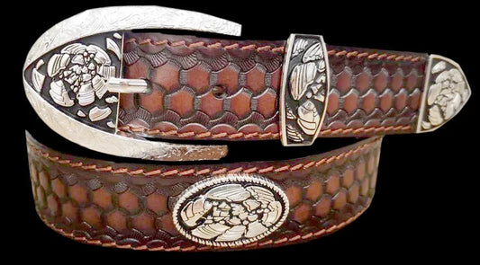 Leather belt with broken clay concho's, buckle, and keeper.